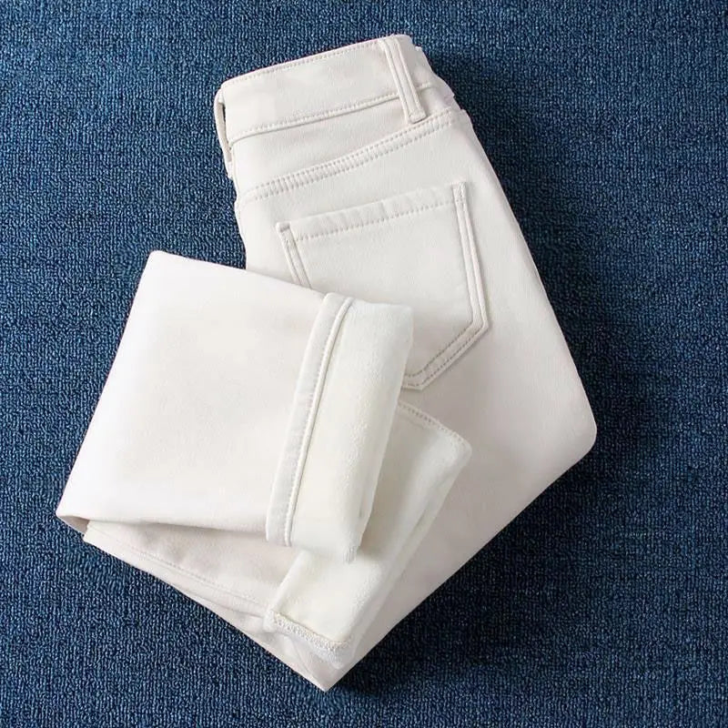 Slimming Fleece Lined Harajuku Style Women's Jeans High Waist Skinny Casual Thickened Cotton Denim Pants Korean Fashion