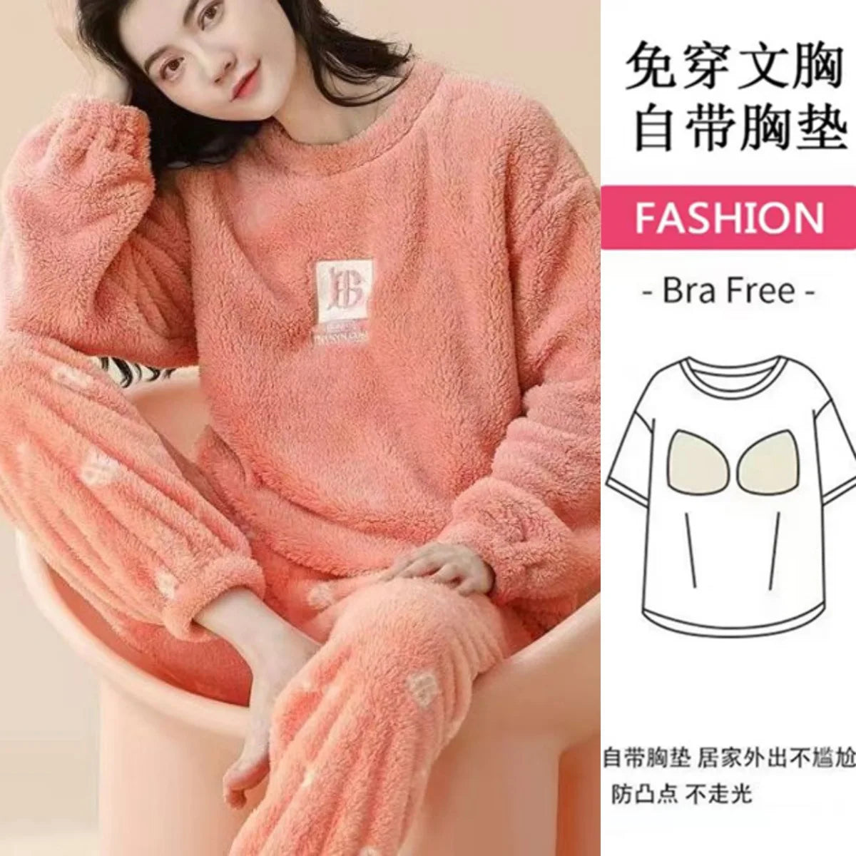 Thickened Long Sleeve Home Clothes Set with Chest Pad Winter Coral Fleece Korean Style Student Cute Large Size Home Clothes Set