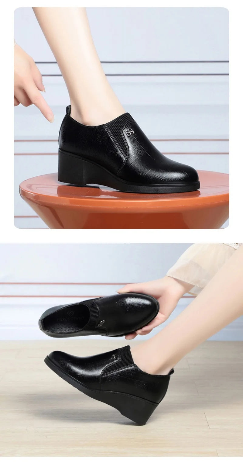2025 New Women's Shoes Fashion Platform Wedge Shoes Soft Leather Shoes for Women Slip-On Loafers Office Work Shoe Zapatos Mujer