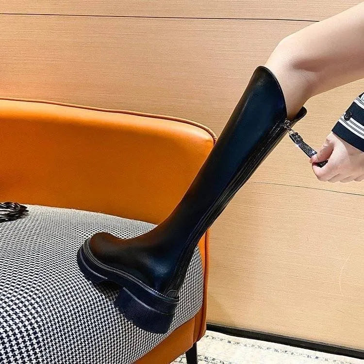 Boots Women's Autumn and Winter New Flat Bottom Black Long BootsVVersatile Slimming Long Boots Height Increasing Elastic High