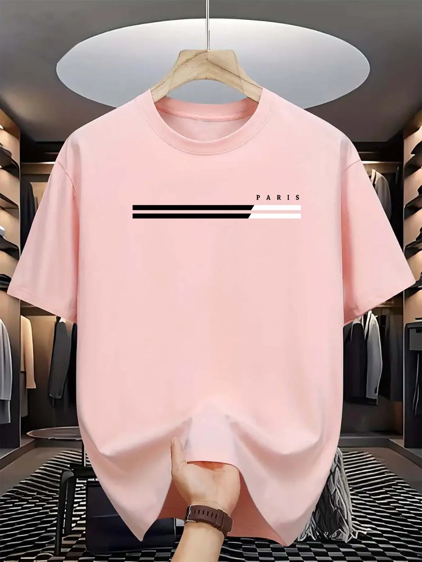 Men's summer loose size PARIS letter Graphic printed slim fit casual sports round neck short sleeved T-shirt top