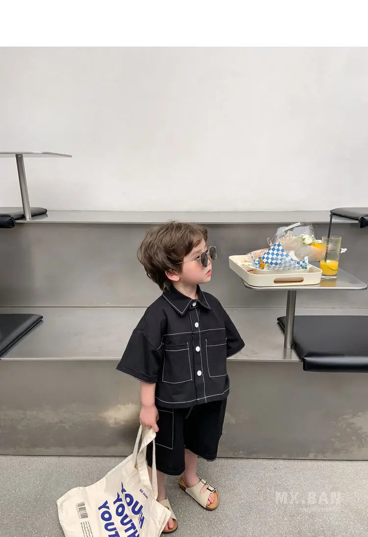 2-9 Y Summer Korean Toddler Boys Baby Handsome Clothes Outfits Kids Boy Cotton Shirt + Shorts 2pcs Sets Fashion Birthday Outfit