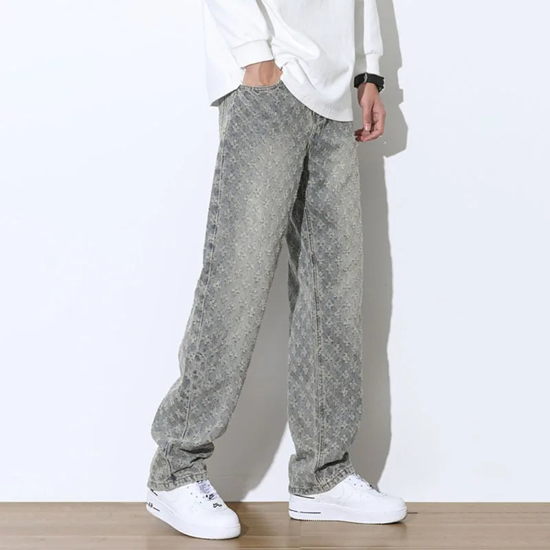 2025 Jacquard Full Print High Street Trendy Brand Ins Design Sense Jeans Loose Straight Tube Washed Wide Leg Long Pants