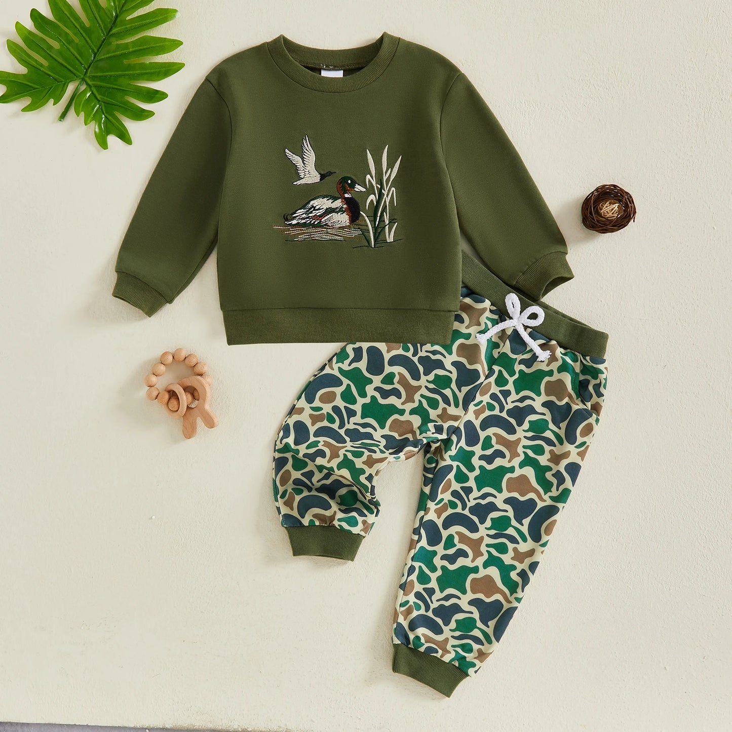 FOCUSNORM 0-4Y Casual Kids Boys Fall Clothes Sets Duck Embroidery Long Sleeve Round Neck Pullover + Camouflage Pants