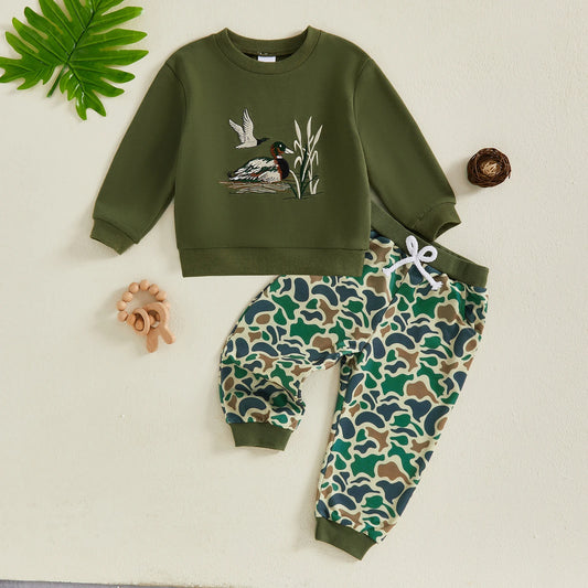 FOCUSNORM 0-4Y Casual Kids Boys Fall Clothes Sets Duck Embroidery Long Sleeve Round Neck Pullover + Camouflage Pants