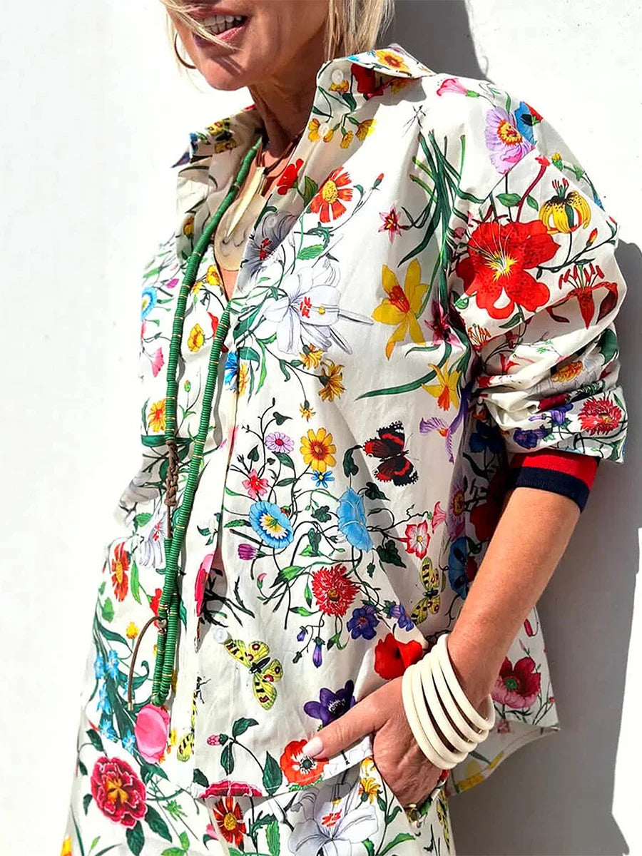 Women's Fall Casual Outfits Floral Print Long Sleeve Button Down Lapel Shirt with Elastic Waist Wide Leg Pants Sets Streetwear