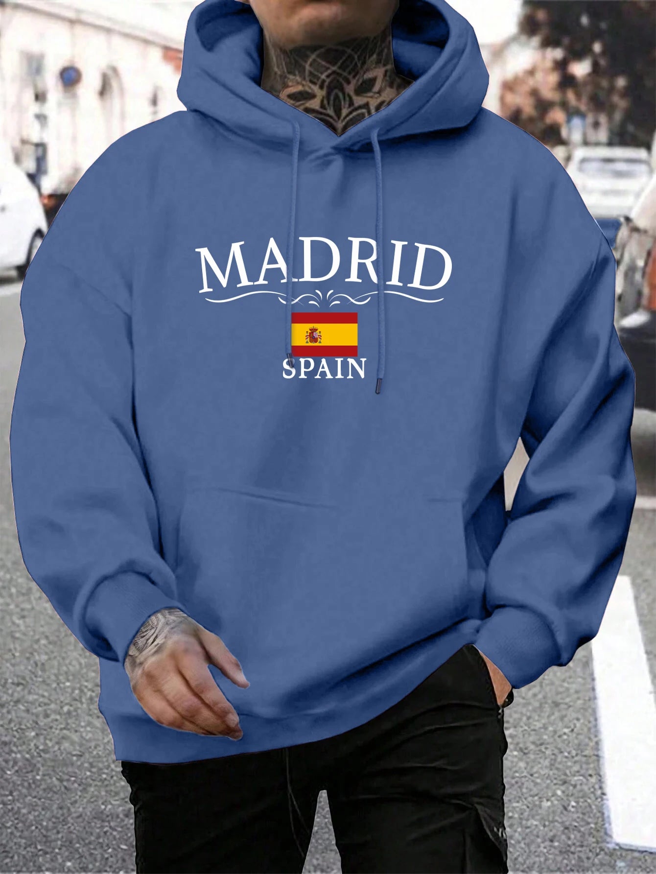 Hoody Men Trendy Madrid Spain Flag Printed Pocket Hoodie All-Match Fleece Comfortable Clothes Autumn Fashions Streetwear