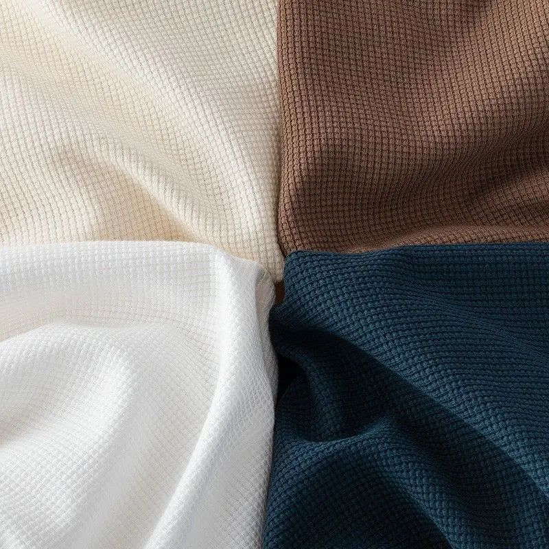 Waffle Short Sleeved T-shirt for Men and Women Summer Japanese Round Neck Half Sleeved Top Loose Casual Solid Color T-shirt