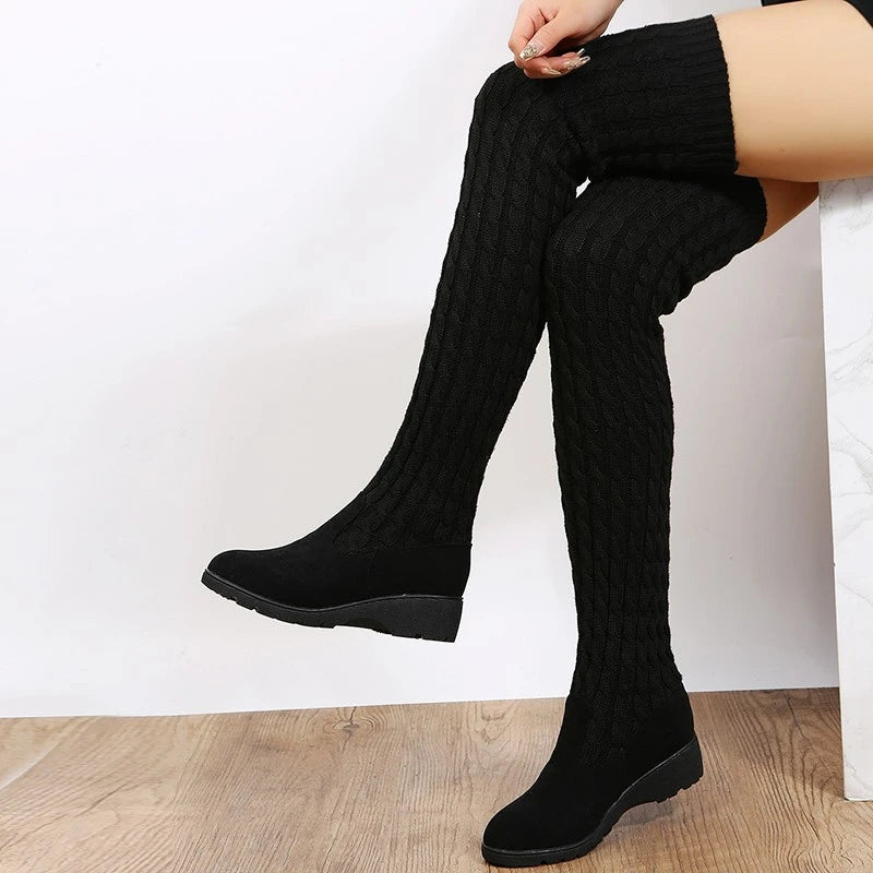 Women's Boots 2026 Autumn Winter High Heels Boots for Woman Shoes Knitting Wool Long Boot Women Brown/Black Boot Ladies Shoes
