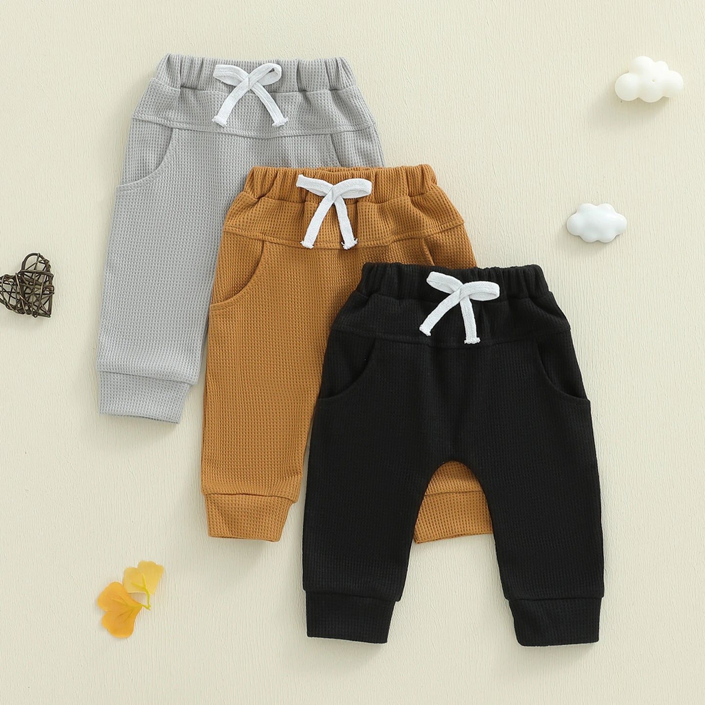 3 Pack Waffle Texture Casual Pants Soft Solid Color Elastic Waistband Toddler Boys Trousers