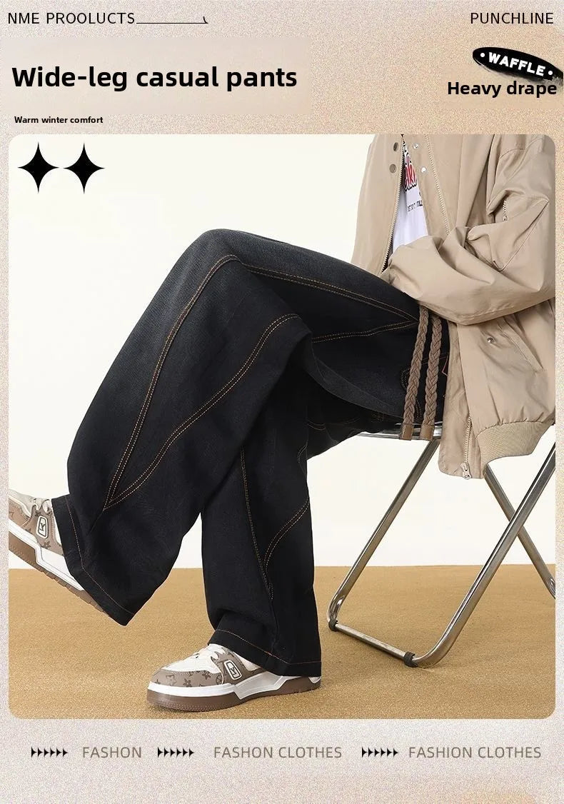 Trendy Wide Leg Knife Edge Jeans Men's Loose Straight Leg Long Pants American Style Vintage Cotton Denim Spring New Arrival