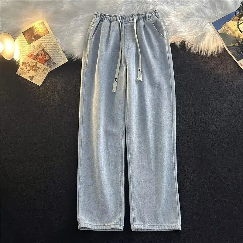 Trendy Loose Straight Leg Jeans Elastic Waist Slim Fit Wide Leg Pants Solid Color Summer New Arrival Versatile Casual Trousers