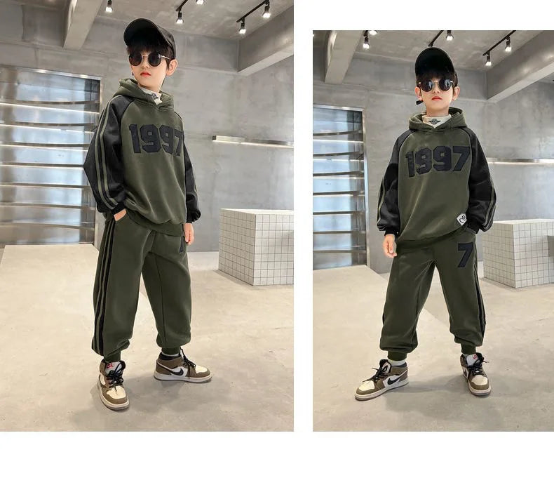 2025 winter autumn Boys Clothes Set cotton Velvet Sweatshirt hooded + Pants Tracksuits Kids Suit Children 4 8 9 10 11 12 14 Year