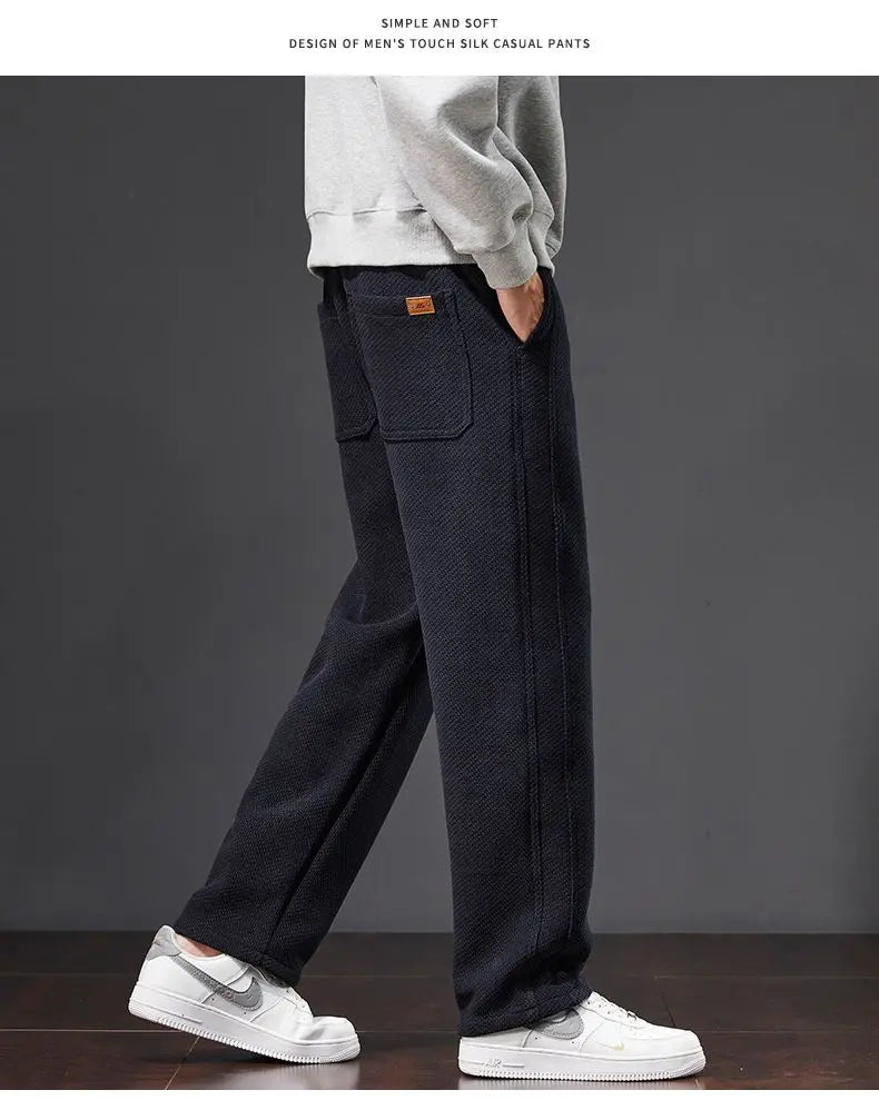 Autumn and Winter Plush Knitted Plaid Comfortable Wide Leg Straight Casual Pants Men Slacks Men's Pants Plush Slacks