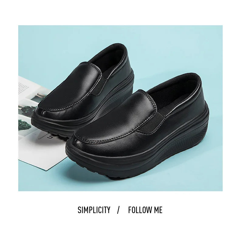 Women's Shoes Spring Genuine Leather Soft Outsole Work Shoes Female Black Swing Shoes Woman Plus Size Wedges Single Shoes