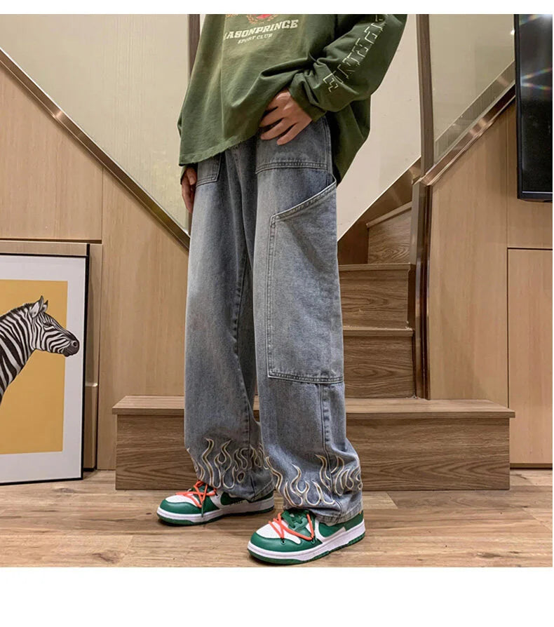 Fashion Flame Embroidery Men's Jeans Neutral Wide Leg Denim Trousers Loose Straight Jeans Youth Casual Baggy Hip Hop Pants 2023