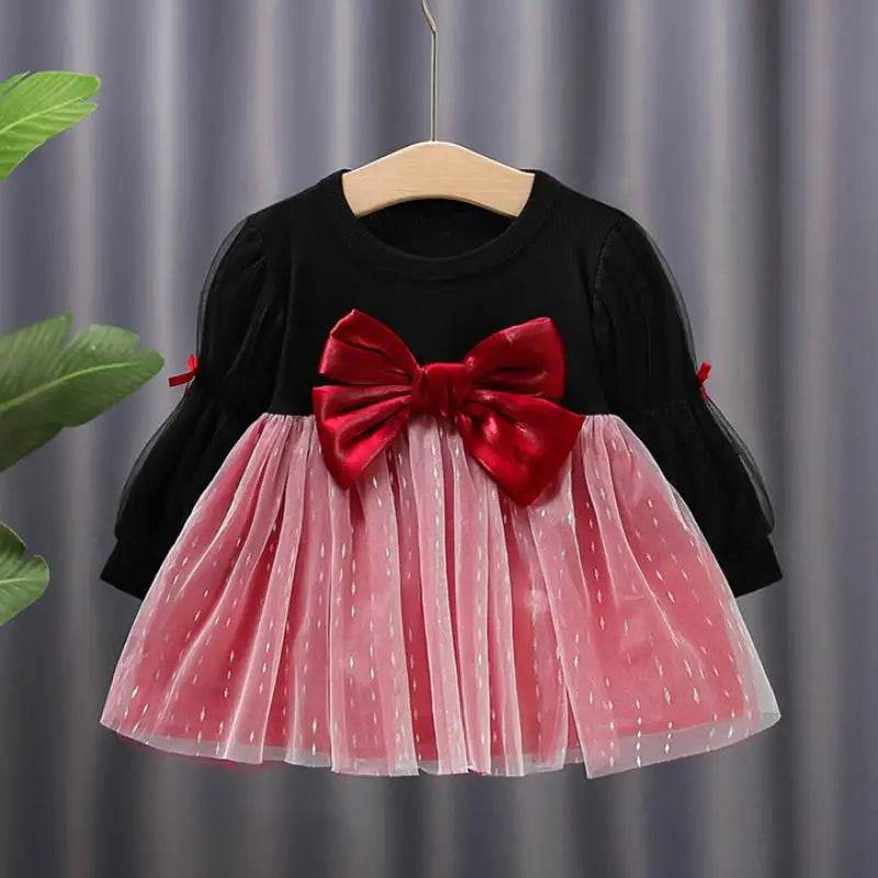 Children's Korean version dress girls' spring and autumn fashion long sleeved bow mesh dress baby's birthday dress 0-4Y