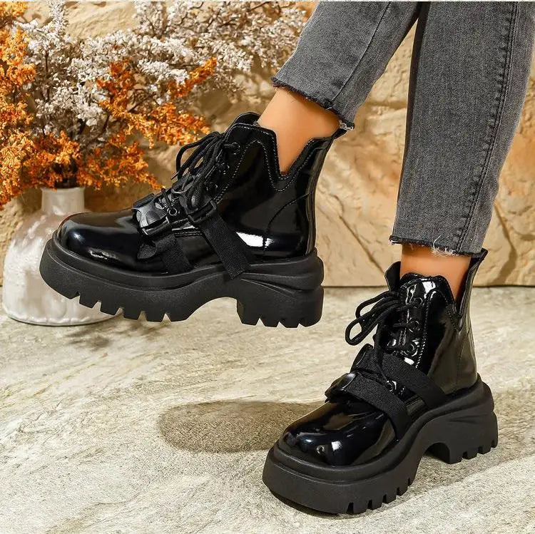 Black Platform Casual Women's Ankle Boots 2025 New Designer Autumn Winter British Style Boots Shoes for Women Botas De Mujer