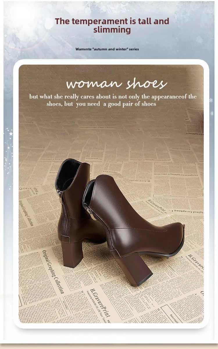 Women Leather Boots Luxury Pointed Brand Toe Chelsea Ankle Boots Trendy High Heels Zipper Goth Pumps Shoes French Women's Boots