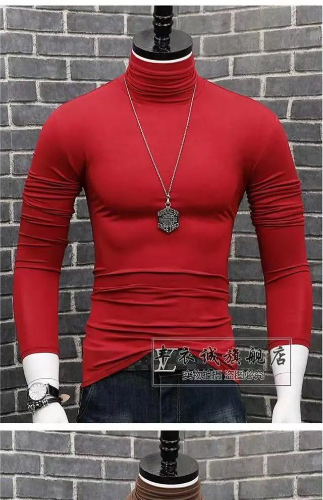 Trendy Casual Turtleneck Men's Modal Winter Sweater turtleneck Cool Blouse Tight Modal T-shirt Youth Solid Color Base Shirt Top
