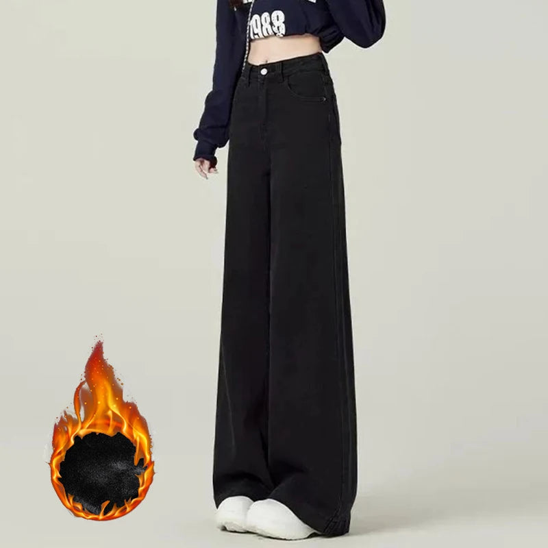 Winter Lady Classic High Waist Plush Jeans Female Snow Warm Solid Denim Trousers Women Korean Fleece Thermal Pants