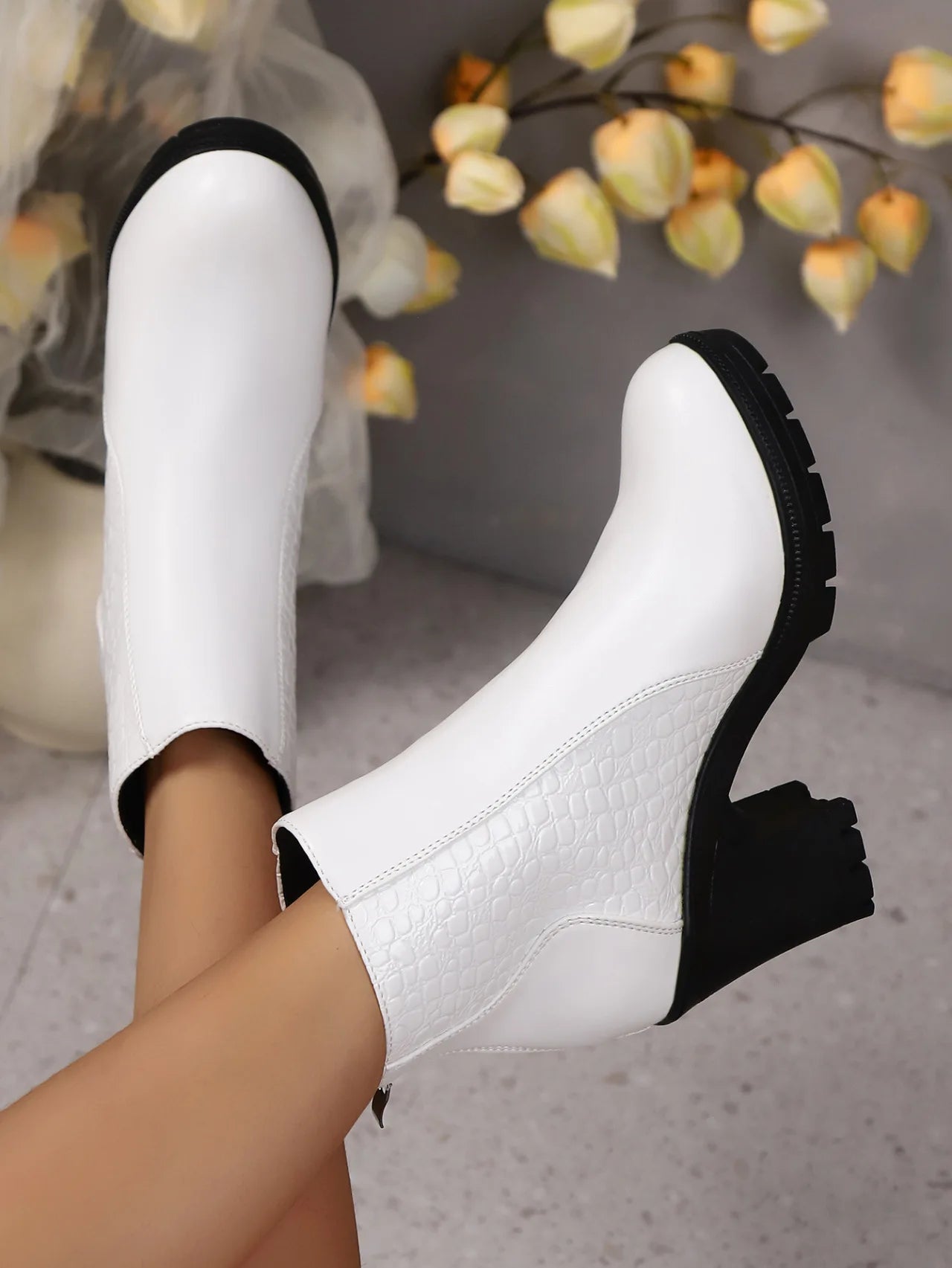 British Style Round Toe High Heel Short Boots for Women Back Zip PU Leather Autumn Winter Ankle Boots Botines Para Mujeres