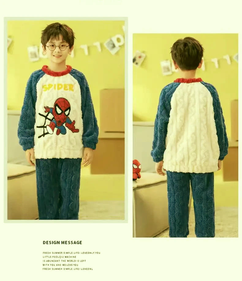 Winter Marvel Children Clothing Boys Sleepwear Set Flannel Thick Long Sleeve Warm Set Pajamas Two Pieces Kids Clothes Spiderman