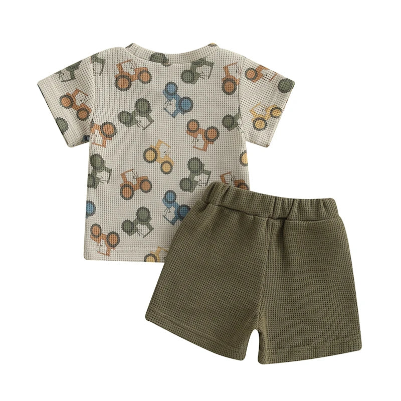 Baby Toddler Boy Summer Outfit Waffle Tractor Print Short Sleeve T-shirts Solid Elastic Waist Shorts 2 Piece Summer Set