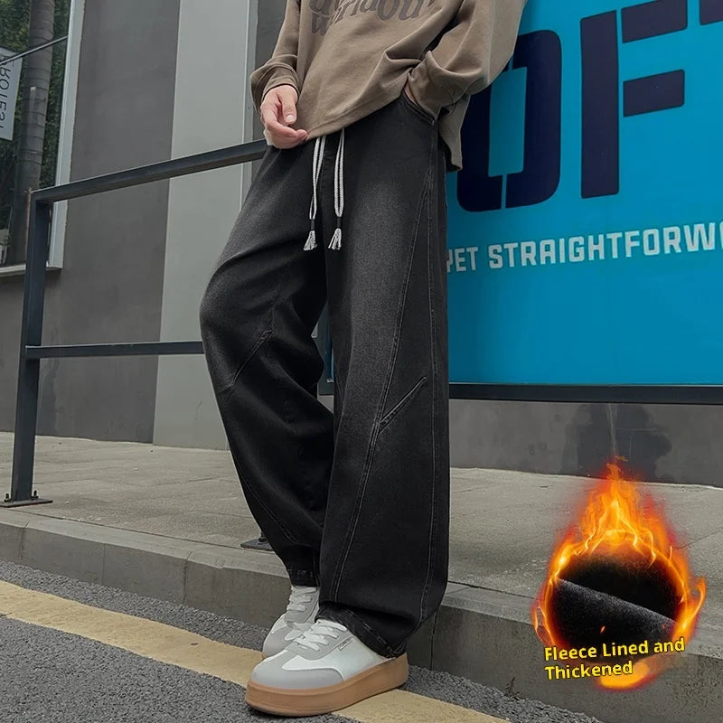 Men's Fleece-Lined Thick Wide-Leg Jeans with Vintage Washed Design, Elastic Drawstring Waist, Winter Warmth That Doesn'T Freeze the Legs, Available in Black/Blue, Loose Fit That Makes You Look Slimmer and Taller, Suitable for