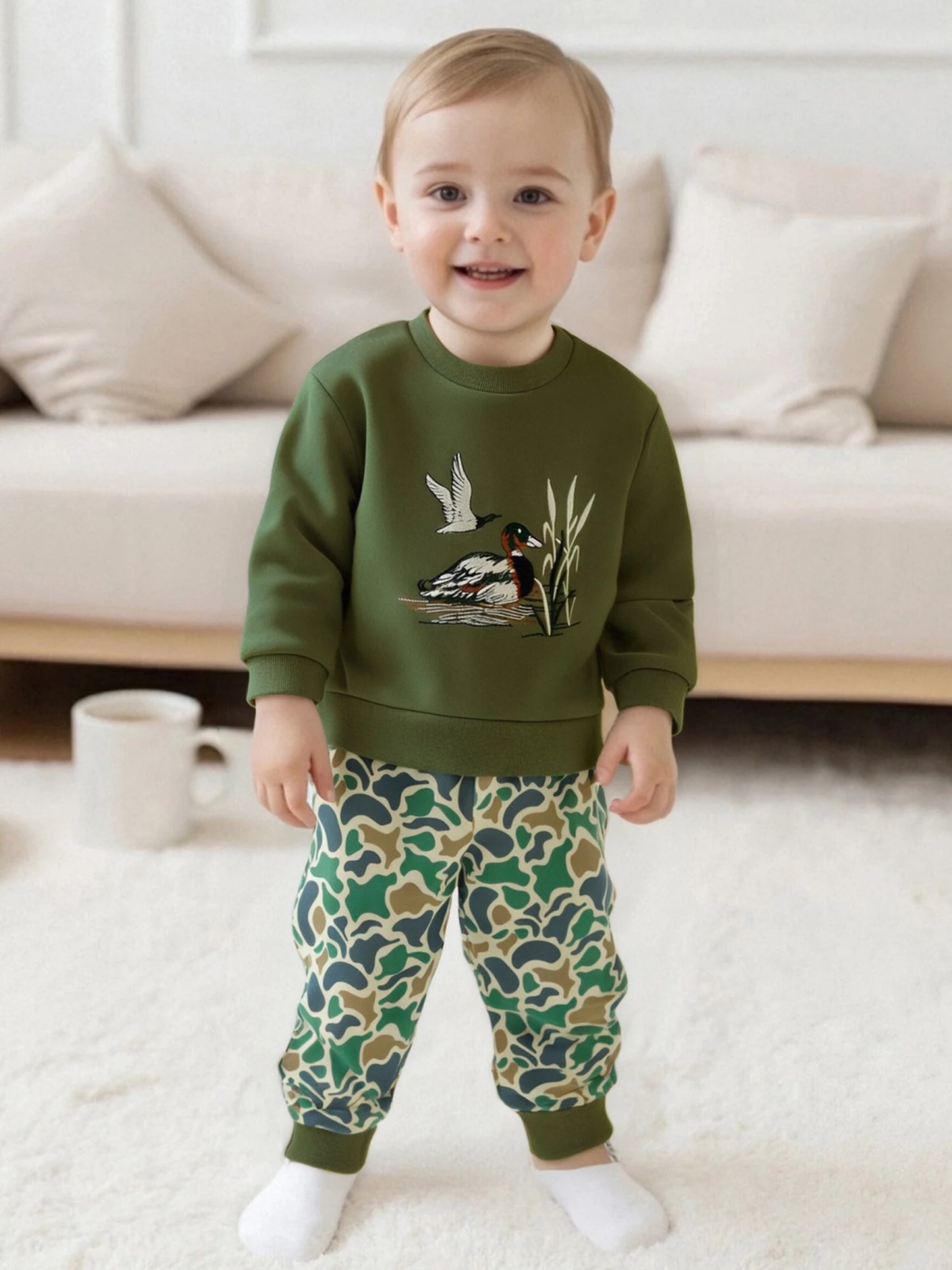 FOCUSNORM 0-4Y Casual Kids Boys Fall Clothes Sets Duck Embroidery Long Sleeve Round Neck Pullover + Camouflage Pants