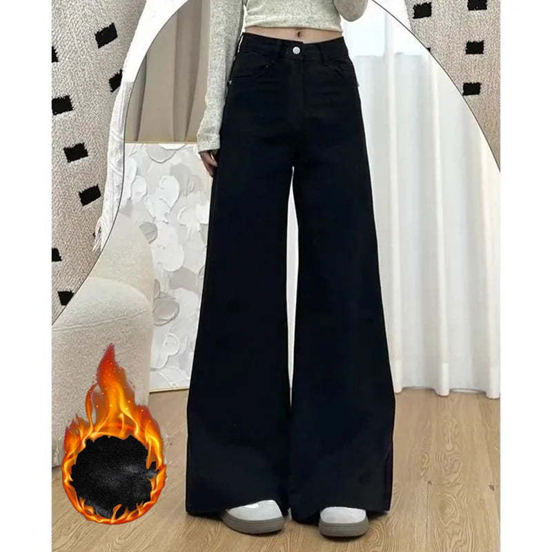 Winter Lady Classic High Waist Plush Jeans Female Snow Warm Solid Denim Trousers Women Korean Fleece Thermal Pants