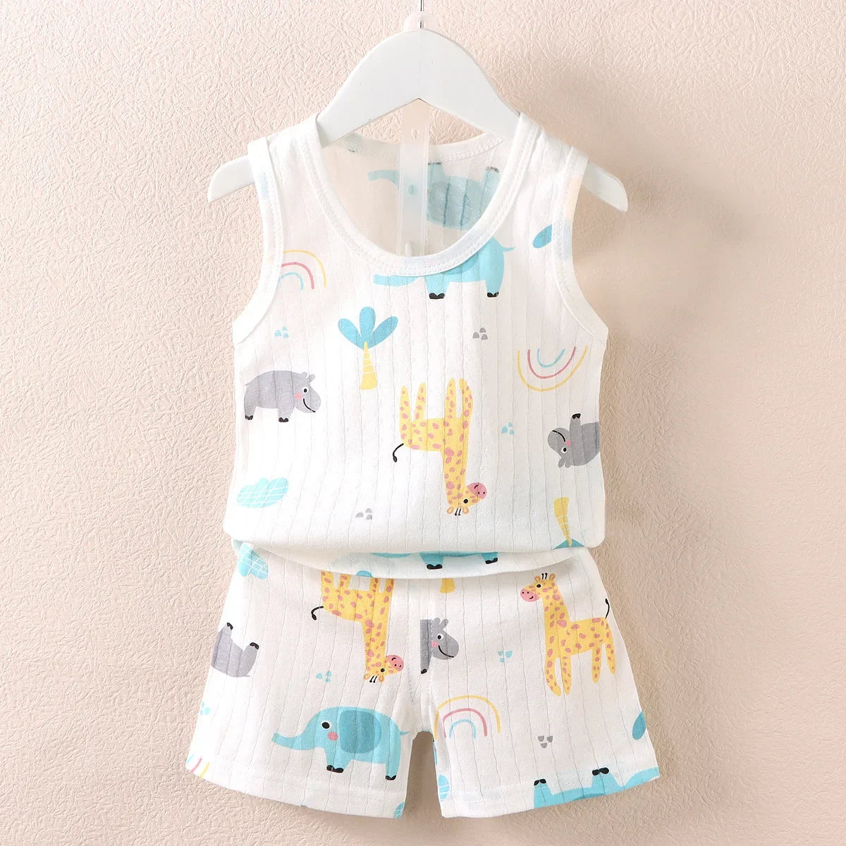 Summer Kids Baby Pajamas Vest+Shorts 2-Piece Clothing Set Boys Girls Cartoon Lion Giraffe Cotton Casual Clothes Suit 0-4 Years