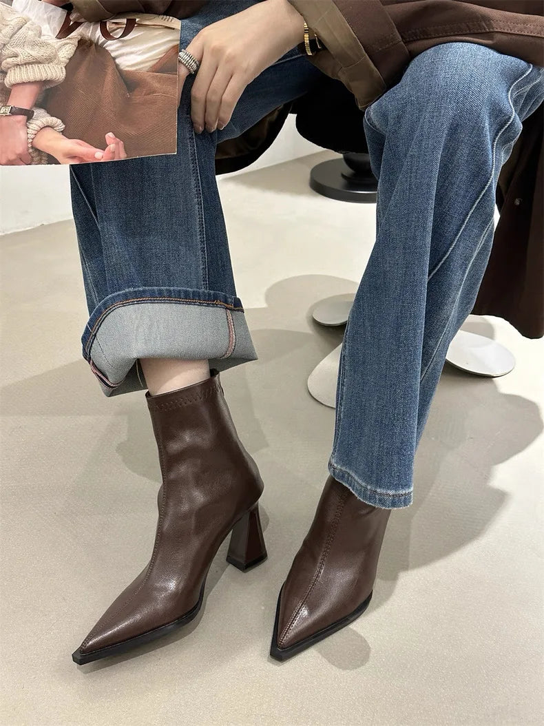 2025 Women Fashion Chelsea Ankle Boots Basic High Heels Boots Pointed Toe Shoes Women Band Non-slip Comfortable Boots 9989