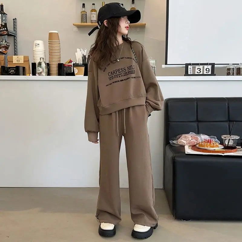 2025 autumn winter kids Girls Clothes Suit Child letters sweatshirt crop top + wide leg pant Tracksuit 4 5 6 7 8 9 10 11 12 year