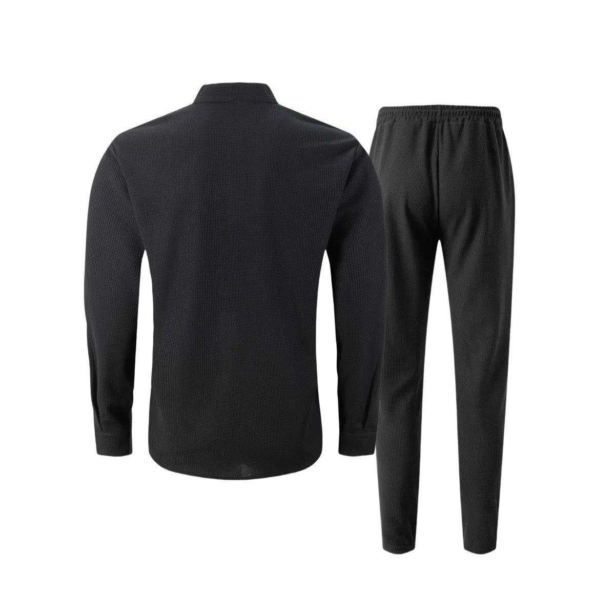 New autumn men's suit, waffle plain-colored long-sleevedshirt with pocket cardigan, stylish men's casual clothing long pants set