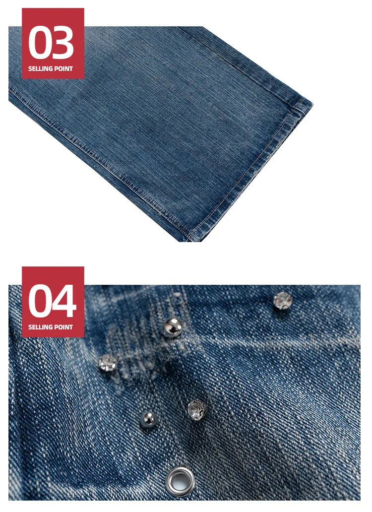 MIJKO Men Women Jeans Washed Fashion Rivet Casual Denim Pants