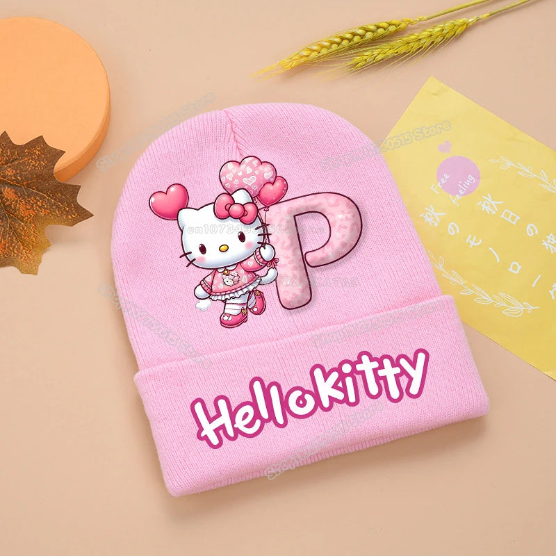Hello Kitty Kids Knitting Hats Cute Letter A-Z Girl Winter Beanies Cartoon Print Weaved Bonnet Winter Warm Children Beanies Caps