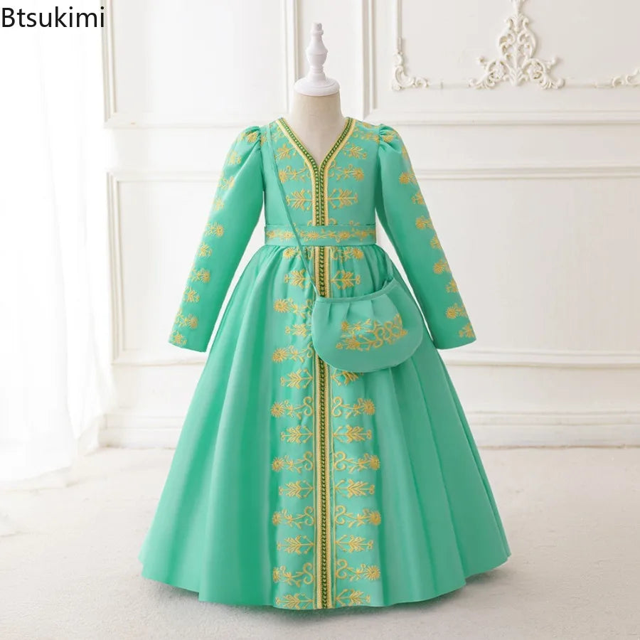 Muslim Ramadan Prayer Gowns Party Girls Dress Long Sleeve Robe Arabic Dubai Abaya Girls Dresses Eid Child Holiday Prom Costumes