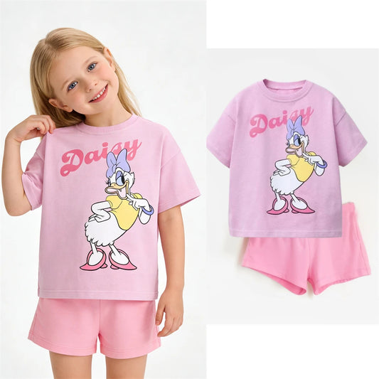 Pink T Shirt+Shorts 2Piece/Set Girls Child Short Sleeve Outfits Casual Sports Wear Cartoon Printed Tees All-match Pants Suits