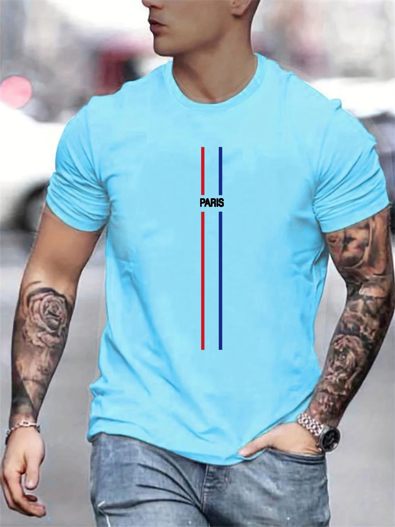 Men's Summer Loose Fit PARIS Print T-shirt Tops Fitness Sportswear Stretch Breathable Oversized Shirt Men's Clothing