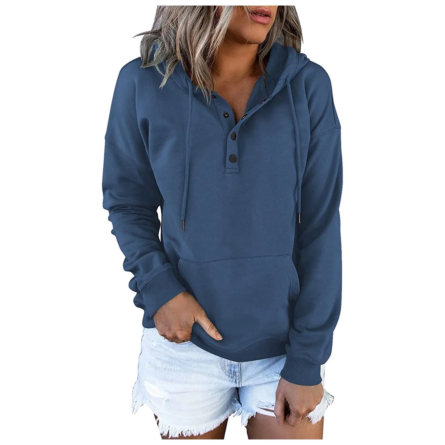 2023 Fashion Trend Long Sleeve Loose Casual V-collar Button Hooded Drawstring Pocket Hoodie