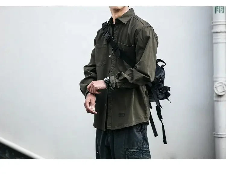 Retro Japanese Style Long Sleeve Workwear Shirt Men's Loose Casual Coat with Pocket Youth Versatile Spring Autumn Fashion