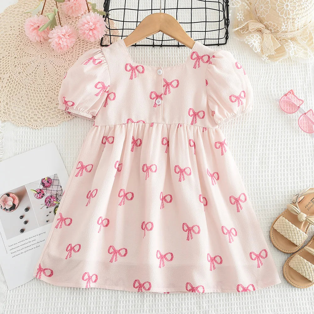 Pink Dreamy Sweet Girl Fairy Princess Dress Sleeveless Bow Decoration Mesh Lace Children's Casual Clothes Birthday Party Summer
