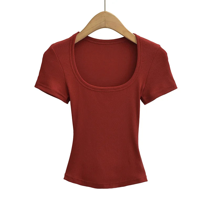 Square Collar High Stretch Summer Crop Tops Women Short Sleeve Tops Sexy Pullover Bottoming Blouses Slim T-shirt