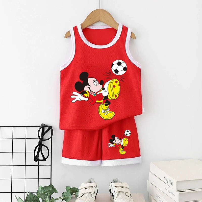 Disney Summer Thin Tracksuits New 2pcs Toddler Boys Casual Quick-drying Vest Tops+Shorts Kid Cartoon Printed Simple Outfits