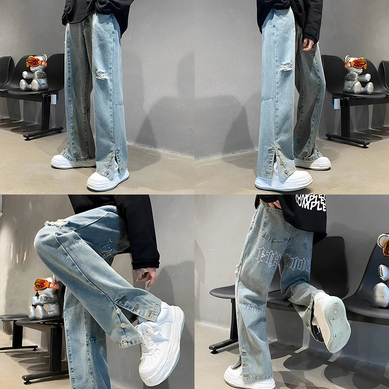 Men's Letter Embroidered Hip Hop Loose Jeans Casual New Broken Holes Streetwear Straight Denim Trousers Male Y2K Baggy Jeans