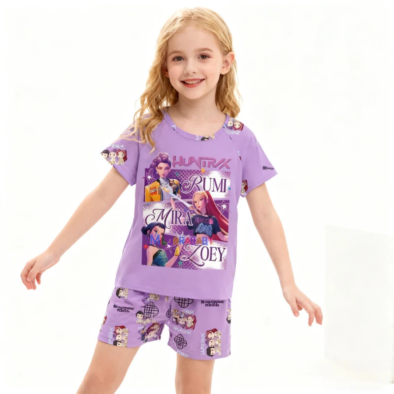 Girls Children's Pajamas Set Summer Short Sleeve Cartoon Kpop Demon Hunters Girls Middle Kids Homewear Christmas Clothes Set