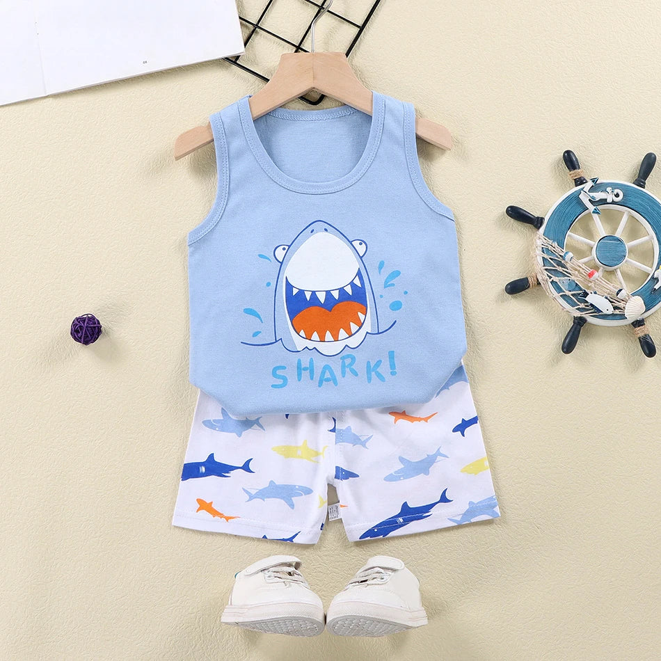 2 Pcs Summer Children's Animal Cartoon Print Vest Sets Girls Clothes Baby Korean Thin Boys Kids Sleeveless Casual Clothing Sets