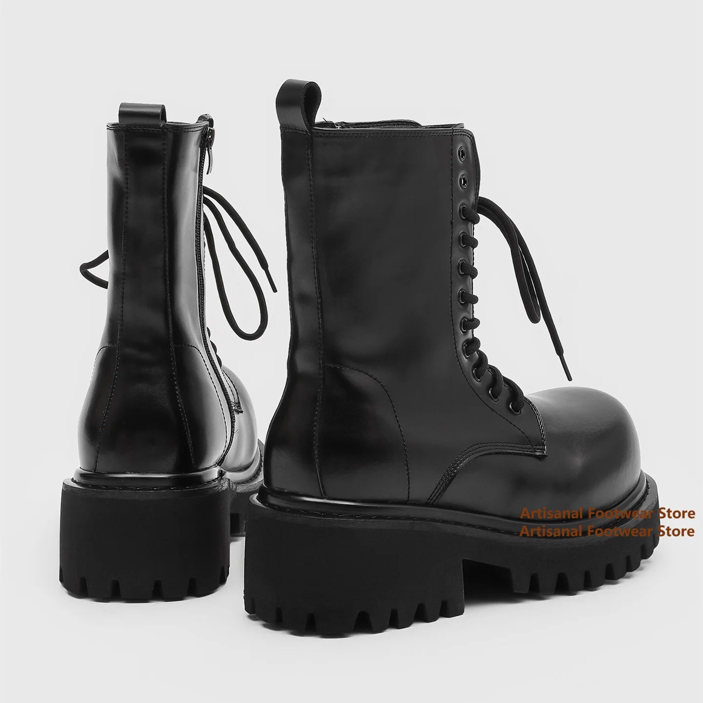 Thick-Soled Motorcycle Boots Retro Big Round Toe Men's Boots Classic Height Increasing Outdoor Designer Handmade Men Boots