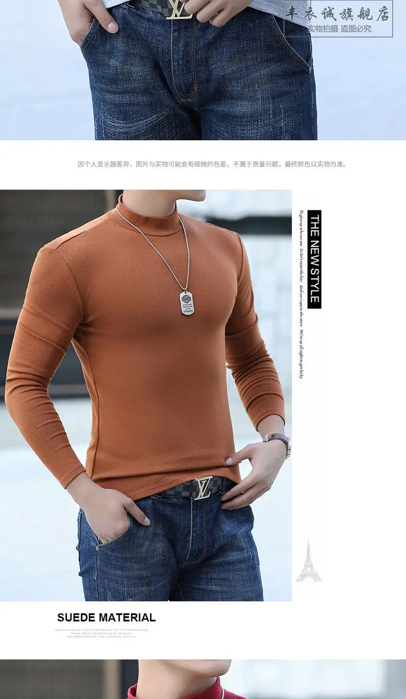 Fashion Men's Oversize High Collar Long Sleeves Autumn Winter Pure Thermal Shirt for Men  Layering Stylish T-Shirt